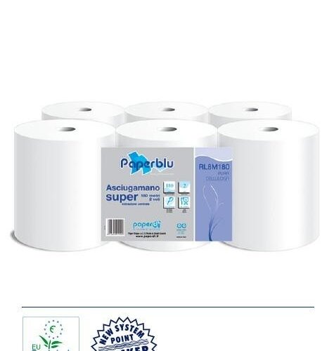 ASCIUGAMANI A ROTOLO 180MT ESTRAZIONE CENTRALE 6PZ  P.CELLULOSA 2 VELI      RL8M180