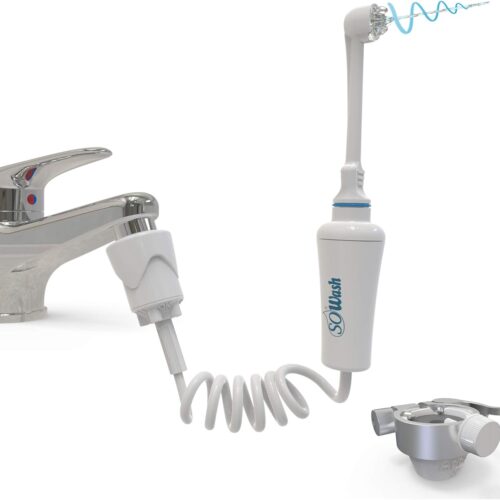 Idropulsore Dentale SoWash | Travel | Si Collega al Rubinetto | Irrigatore Dentale Senza Batterie e Elettricità | con Adattatore Viaggio Addy + Test.Vortice con 3 Getti Convergenti | Prodotto Italiano